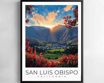 San Luis Obispo Print California Travel Wall Art Cityscape Hills Architecture Illustration Poster