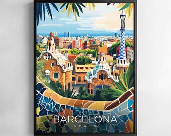 Barcelona Print Spanien Reise Wandkunst Park Güell Illustration Poster