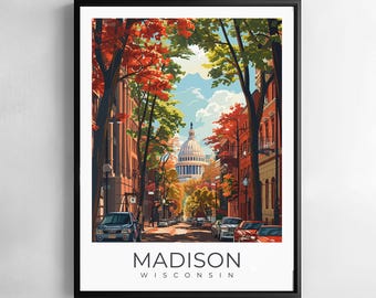 Madison Print Wisconsin Resa Väggkonst Stadslandskap Sjöar Kapitolium Arkitektur Illustration Poster