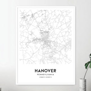 Hanover Map Print, Hanover Map Poster Wall Art, Pa  City Map, Pennsylvania Print Street Map Decor, Road Map Gift, D1142