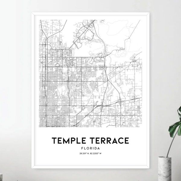 Temple Terrace Map Print, Temple Terrace Map Poster Wall Art, Fl  City Map, Florida Print Street Map Decor, Road Map Gift, D2059