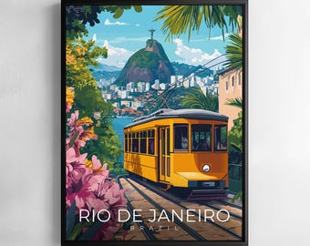 Brazil Rio de Janeiro Print Travel Wall Art Sugarloaf Mountain Beach City Illustration Poster