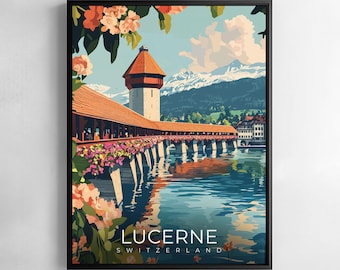 Lucerne City Print Switzerland Travel Wall Art Lake Cityscape Illustration Poster