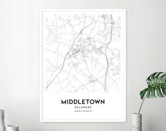 Middletown Map Print, Middletown Map Poster Wall Art, De  City Map, Delaware Print Street Map Decor, Road Map Gift, D1824