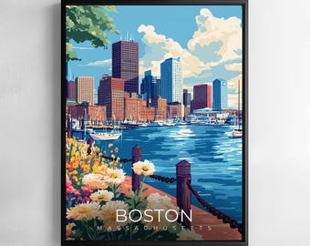 Boston Massachusetts Print Travel Wall Art Historic Cityscape Illustration Poster