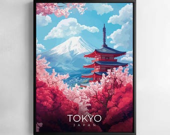 Tokyo Print Japan Travel Wall Art Temple Mountain Cherry Blossom Illustration Poster