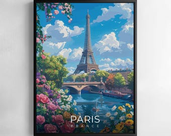 Paris Print Eiffel Tower Poster France Travel Wall Art Cityscape Illustration Flowered Decor