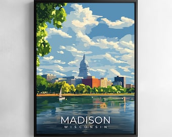 Madison Wisconsin Tryck Resa Väggkonst Stadslandskap Sjöar Kapitolium Arkitektur Illustration Poster