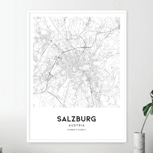 Salzburg Map Print, Salzburg Map Poster Wall Art, Salzburg  City Map, Salzburg Print Street Map Decor, Road Map Gift, D602