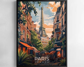 Paris city street Print Poster France Travel Wall Art Cityscape Illustration Flowered Decor