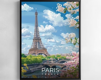 Eiffel Tower Paris Print Poster France Travel Wall Art Cityscape Illustration Flowered Decor