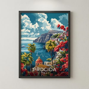 May include: A framed art print featuring a coastal scene of Procida, Italy. The artwork depicts a vibrant landscape with palm trees, red flowers, and buildings. The sky is blue with fluffy white clouds, and the sea is dotted with boats. The word "PROCIDA" is displayed.