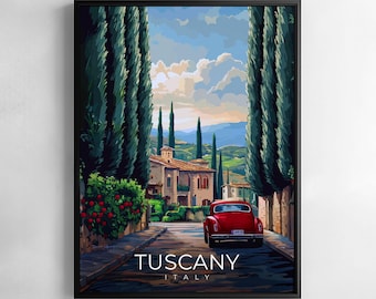 Tuscany Print Italy Travel Wall Art Red Car Countryside Villa Landscape Illustration Poster