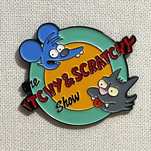 The Itchy And Scratchy Show TV Show Die Simpsons Metall Emaille Pin Anstecker 90's Cartoon Anstecknadel Tasche Rucksack Badge Accessoire