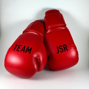 May include: A pair of red boxing gloves with black lettering. One glove says "TEAM" and the other says "JSR".