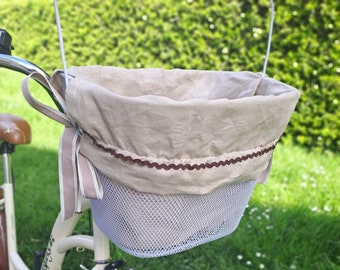 White metal front bicycle basket with natural linen liner/insert