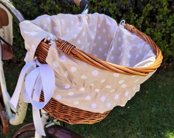 Beige Polka Dot Wicker Bike Bicycle Basket Liner Insert Cover Electra Retro Cruiser