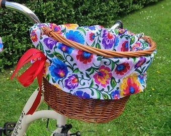 Folk Flowers on White Bike Basket Liner/Insert and matching Seat/Saddle Cover- made to order,customise, Retro Electra Cruiser Bicycle