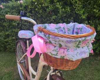Pink Roses and Lavender on Grey Bike Basket Liner and matching Seat/Saddle Cover Cruiser Electra Bicycle