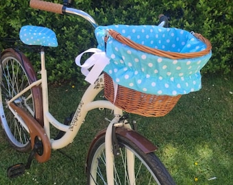 Ocean Blue White Polka Dot Bike Basket Liner and matching Seat/Saddle Cover