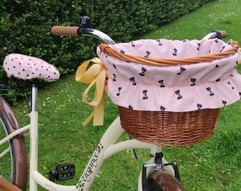 Black Bows on Apricot Pink Bike Basket Liner/Insert and Black Hearts Matching Saddle/Seat Cover