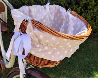 Bicycle Front Wicker Basket with Polka Dot Liner/Insert