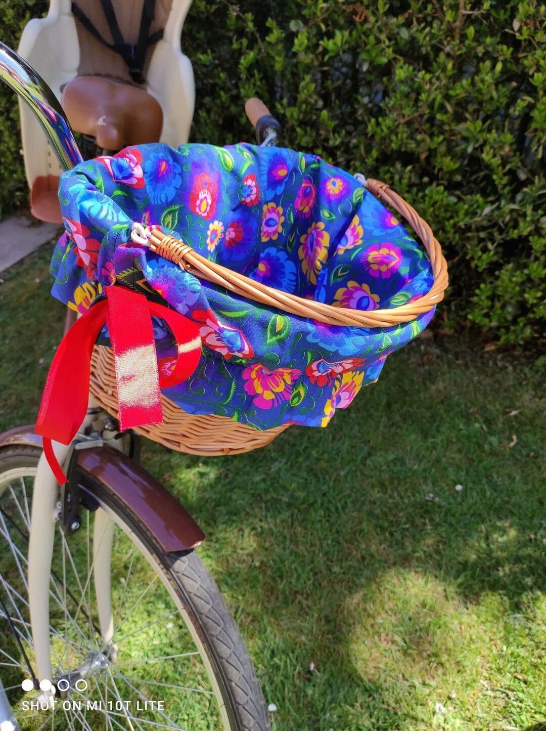 Folk Flowers on Navy Blue Bike Basket Liner Insert and Matching Saddle Seat Cover Retro Electra