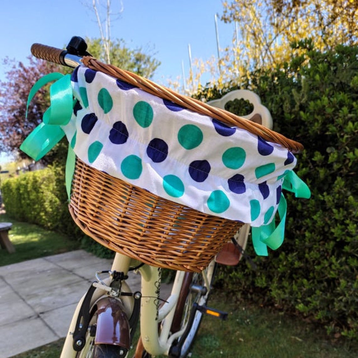 Multicoloured navy and Mint Green Dots Front Bike Basket Etsy
