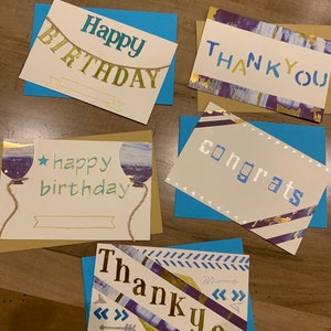 Greeting Card Set of 5 Homemade Blue & Gold one-sided cards and envelopes - Thank You x 2 , Happy Birthday x 2, and Congrats!
