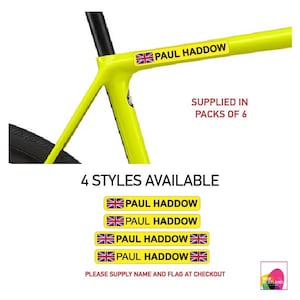 BIKE 6 x Personalised Bike Frame Name Stickers Cycle Cycling Frame Helmet Decals YEL