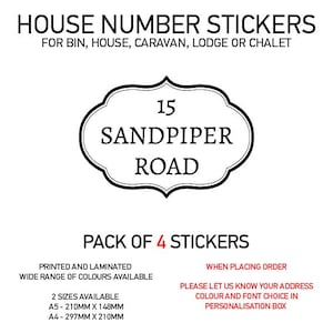 HS01-07 Vinyl Wheelie Bin House Caravan Lodge Stickers x4 Numbers Road Street Name