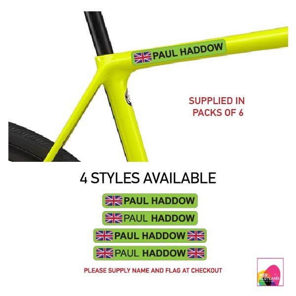 6 x Personalised Name & Flag Cycling Frame Bike Helmet Sticker 15mm 6 x Personalised Name & Flag Cycling Frame Bike Helmet Sticker 15mm
