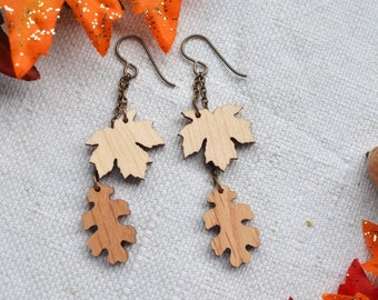 Autumn Falling Leaf Earrings - Wood Niobium Earrings - Niobium hypoallergenic nickel free - Lasercut Wood Maple and Oak Leaf Dangle Earrings