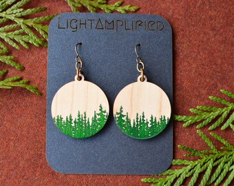 Wood Circle Dangle Earrings with Handpainted Forest Tree Nature Scene, Lasercut Niobium Hypoallergenic Earrings, Gift for Hiker Nature Lover