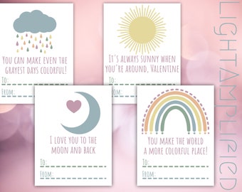 Printable Rainbow Valentine's Day Cards - Boho Rainbow Valentine Cards - Digital Download Modern Classroom Valentine - Sun Moon Rainbow Kids