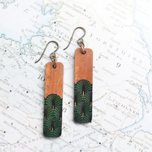 Art Deco Style Niobium and Wood Rectangle Bar Dangle Earringsfeatures Hypoallergenic French Hooks, Engraved and Painted Fan in gold & green image 4