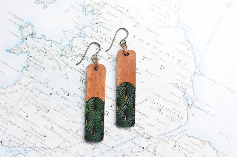 Art Deco Style Niobium and Wood Rectangle Bar Dangle Earringsfeatures Hypoallergenic French Hooks, Engraved and Painted Fan in gold & green image 4