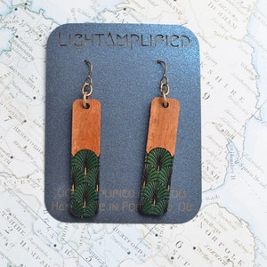 Art Deco Style Niobium and Wood Rectangle Bar Dangle Earringsfeatures Hypoallergenic French Hooks, Engraved and Painted Fan in gold & green image 6