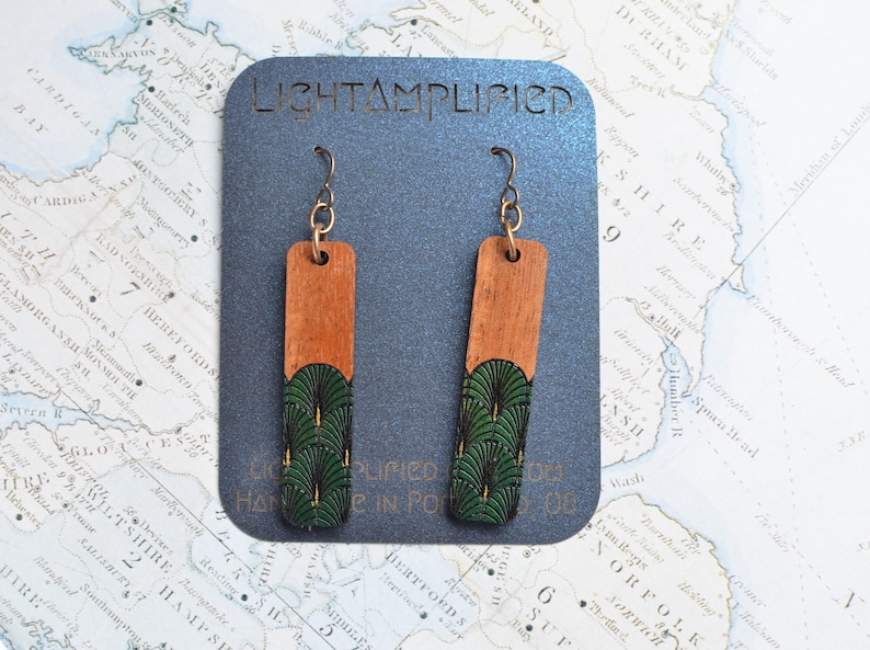 Art Deco Style Niobium and Wood Rectangle Bar Dangle Earringsfeatures Hypoallergenic French Hooks, Engraved and Painted Fan in gold & green image 6