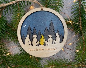 Personalized family camping ornament, campfire Christmas tree Ornament with painted design, a custom gift with your choice of saying or name