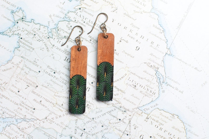 Art Deco Style Niobium and Wood Rectangle Bar Dangle Earringsfeatures Hypoallergenic French Hooks, Engraved and Painted Fan in gold & green image 1