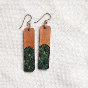 Art Deco Style Niobium and Wood Rectangle Bar Dangle Earringsfeatures Hypoallergenic French Hooks, Engraved and Painted Fan in gold & green image 8