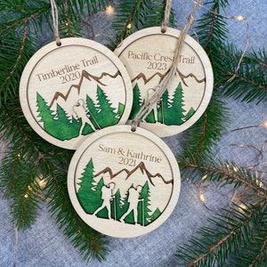 Personalized Hiking Ornament, Christmas tree ornament with laser cut hikers, painted design, and custom engraving with name, date or trail