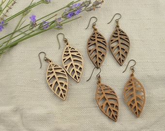 Wood Dangle Leaf Earrings with Niobium Hypoallergenic French Hooks — Lightweight Natural Wooden Geometric Leaves, Modern Boho style earrings