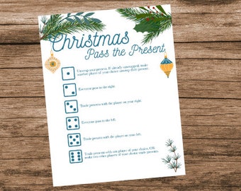 Pass the Present Christmas Party Dice Game Printable, White Elephant Gift Exchange Party Game Printable, Christmas Party Gift Exchange Game