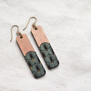 Art Deco Style Niobium and Wood Rectangle Bar Dangle Earringsfeatures Hypoallergenic French Hooks, Engraved and Painted Fan in gold & green image 10