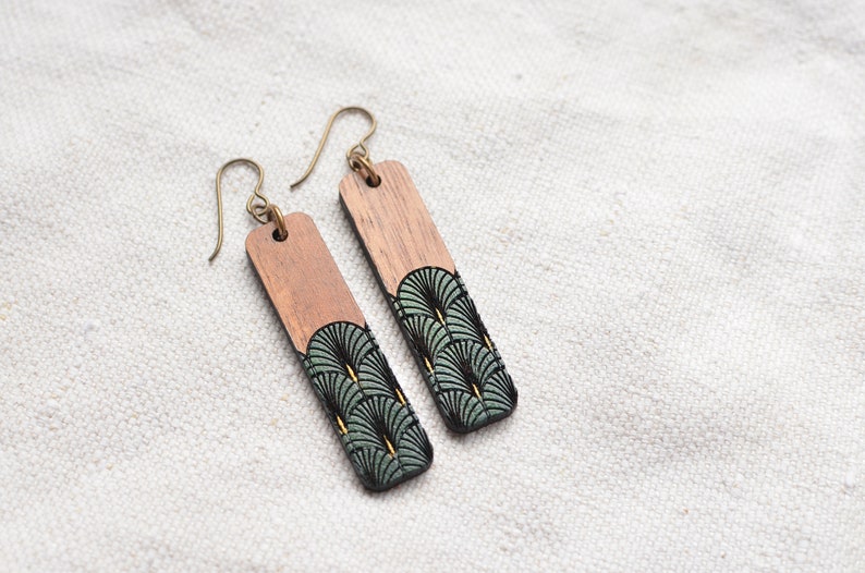 Art Deco Style Niobium and Wood Rectangle Bar Dangle Earringsfeatures Hypoallergenic French Hooks, Engraved and Painted Fan in gold & green image 10