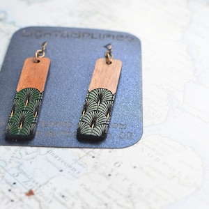 Art Deco Style Niobium and Wood Rectangle Bar Dangle Earringsfeatures Hypoallergenic French Hooks, Engraved and Painted Fan in gold & green image 7