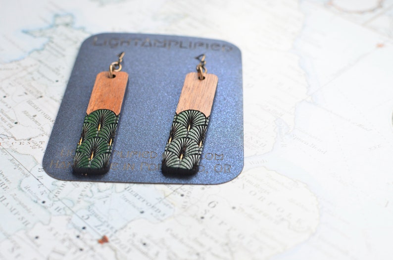 Art Deco Style Niobium and Wood Rectangle Bar Dangle Earringsfeatures Hypoallergenic French Hooks, Engraved and Painted Fan in gold & green image 7