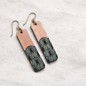Art Deco Style Niobium and Wood Rectangle Bar Dangle Earringsfeatures Hypoallergenic French Hooks, Engraved and Painted Fan in gold & green image 9